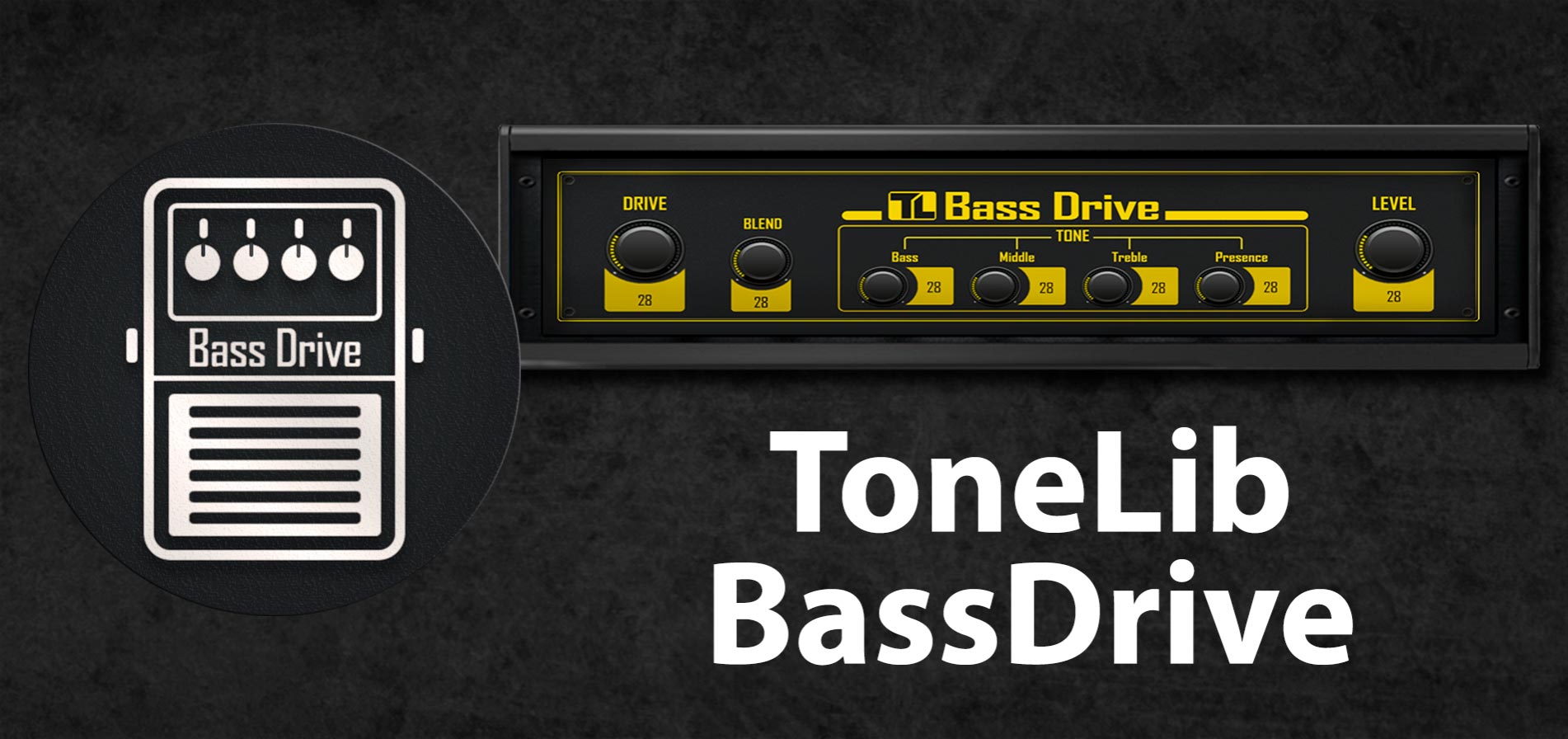 ToneLib BassDrive - Thumbnail plastic icon and rack-styled version of TL BassDrive interface.