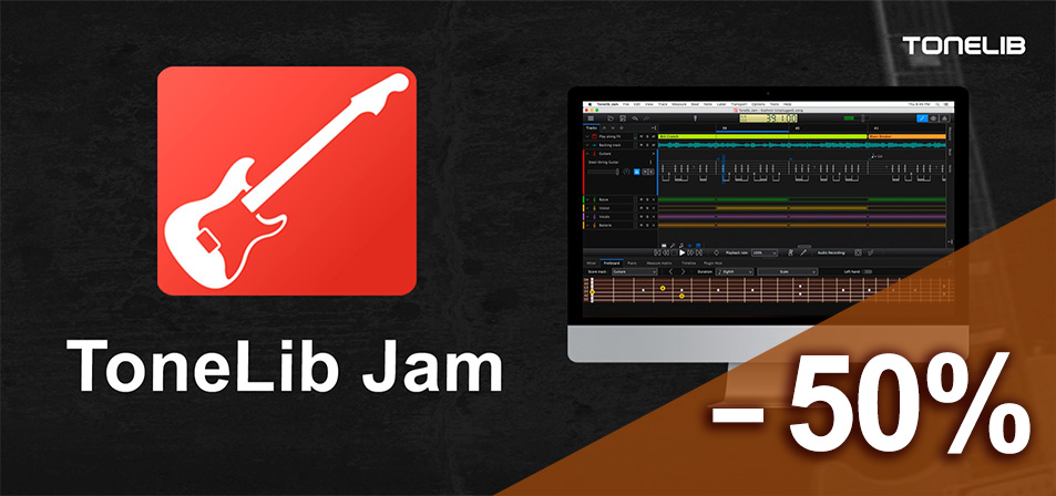 ToneLib Jam - Thumbnail with Logo and  TL Jam running on a Mac-like PC.
